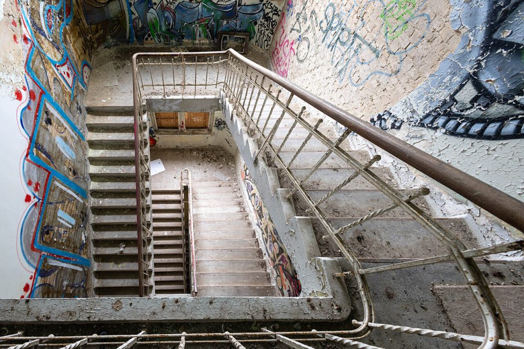 Aufnahme des verfallenen Treppenhauses von oben. An den Wänden sind Grafitti zu sehen. Der Putz ist teilweise abgeschlagen.