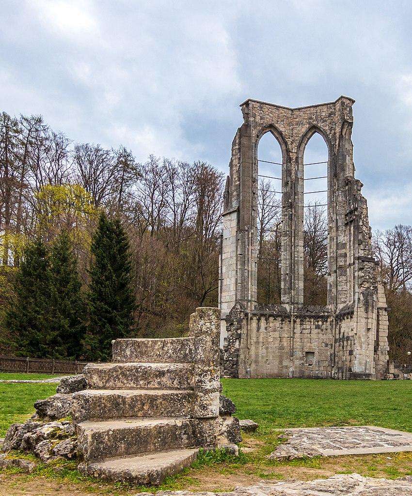 Die Ruine des Klosters Walkenried mit den Überresten einer steinernen Treppe und des ehemaligen Kirchenschiffs. Die historischen Mauern zeugen von der einstigen Größe der Klosteranlage, umgeben von einer stillen, historischen Atmosphäre.