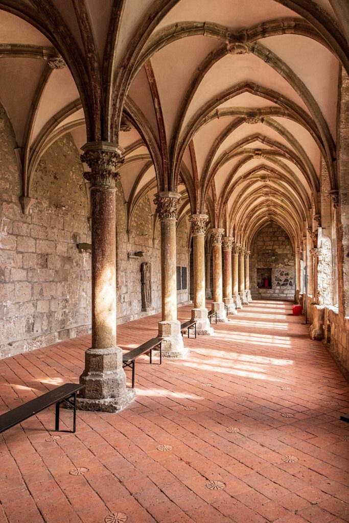 Der Kreuzgang des Klosters Walkenried aus der entgegengesetzten Perspektive, mit doppeltem gotischem Gewölbe, das von einer Reihe eleganter Säulen getragen wird. Die harmonische Symmetrie und die filigranen Details der Architektur erzeugen eine eindrucksvolle historische Atmosphäre.