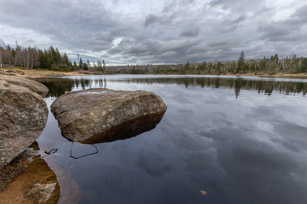 Der Oderteich im Harz mit ruhigem, spiegelglattem Wasser. Ein dicht bewölkter Himmel dominiert die Szenerie und spiegelt sich klar auf der Wasseroberfläche, wodurch eine harmonische und ruhige Stimmung entsteht.