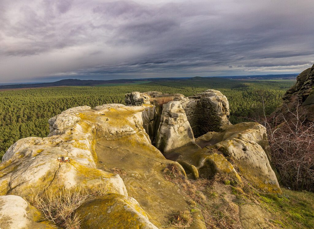 Die Klippe der Burgruine Regenstein im Harz, eine beeindruckende Sandsteinformation mit den Überresten der historischen Burg. Die Klippe erhebt sich majestätisch über die Landschaft und bietet einen spektakulären Blick auf die Umgebung