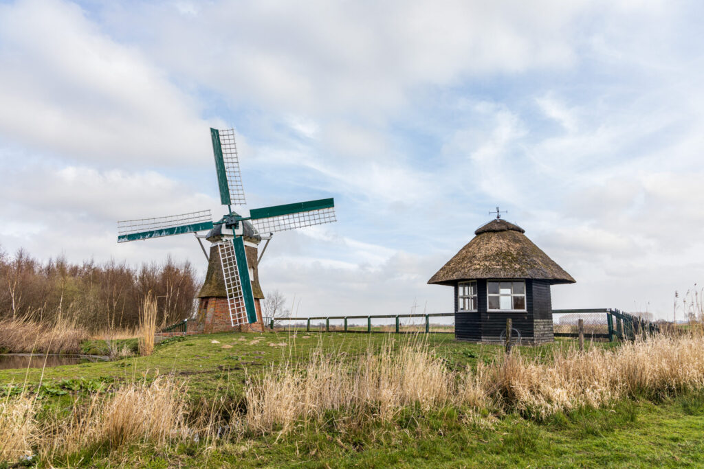 Historische Windmühle mit grünen Flügeln und einem angrenzenden, strohgedeckten Gebäude, umgeben von Wiesen und Bäumen unter einem bewölkten Himmel.